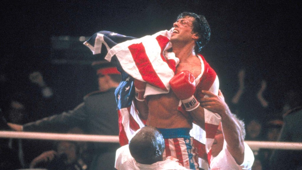 Sylvester Stallone in Rocky IV ending with flag