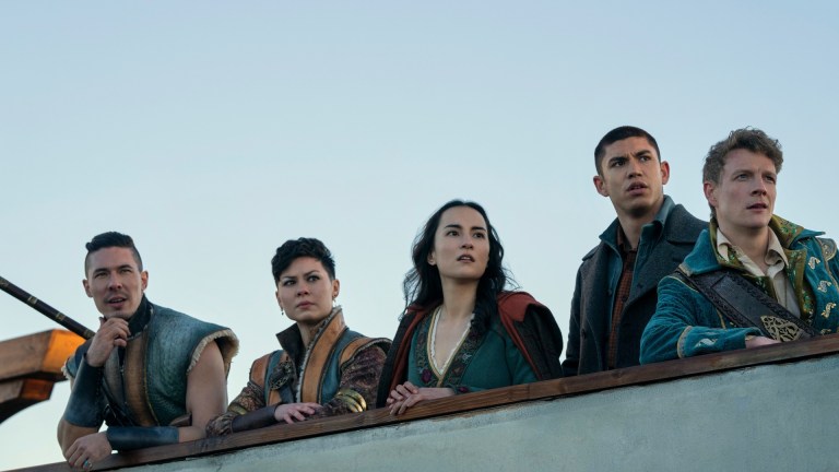 Lewis Tan as Tolya Yul-Bataar, Anna Leong Brophy as Tamar Kir-Bataar, Jessie Mei Li as Alina Starkov, Archie Renaux as Mal Oretsev, and Patrick Gibson as Nikolai Lantsov aboard Sturmhond's sky ship