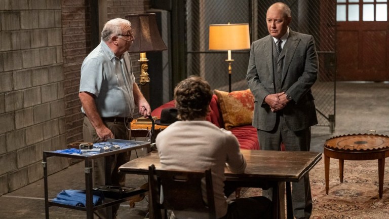 THE BLACKLIST -- ""The Four Guns"" Episode 1003 -- Pictured: (l-r) Teddy Colucca as Brimley, James Spader as Raymond "Red" Reddington.