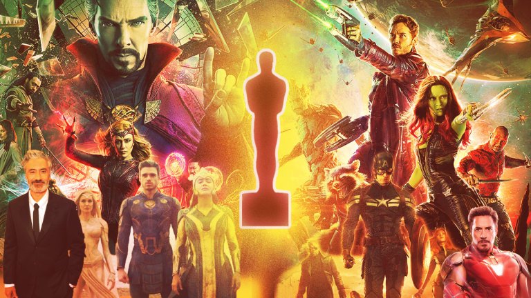 An MCU Character Collage with an Oscar Statue