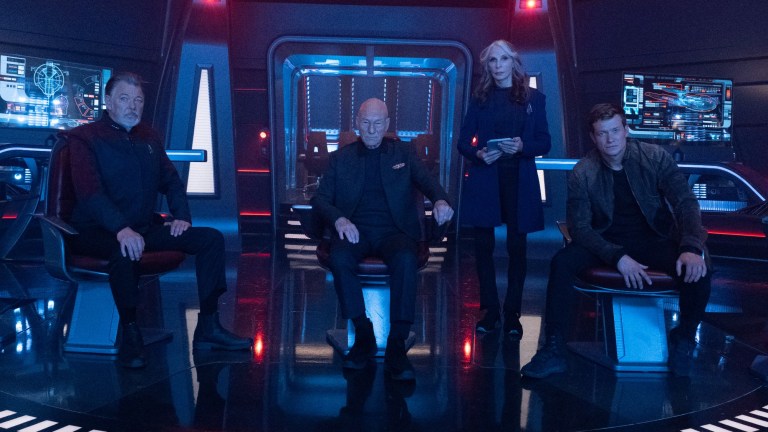 Jean-Luc, William Riker, Beverly Crusher, and Jack Crusher in Star Trek: Picard Season 3