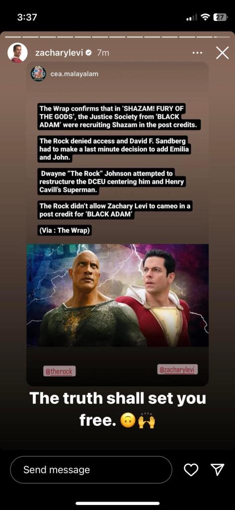 A screenshot from Zachary Levi's Instagram Story