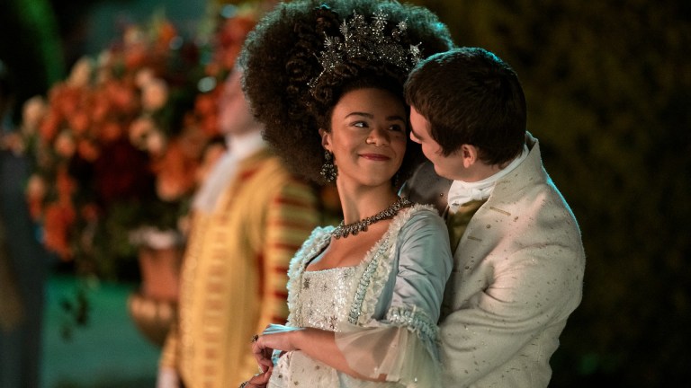 Queen Charlotte: A Bridgerton Story. (L to R) India Amarteifio as Young Queen Charlotte, Corey Mylchreest as Young King George in episode 106 of Queen Charlotte: A Bridgerton Story.