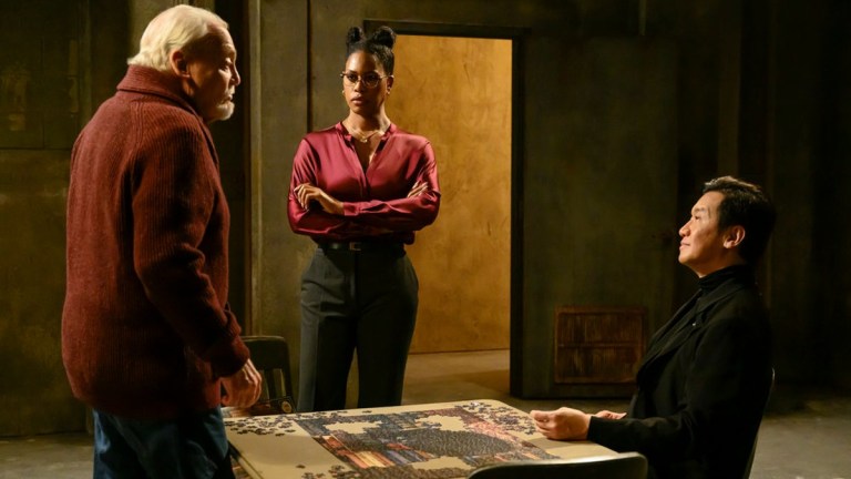 THE BLACKLIST -- "Dr. Laken Perillos, Pt2" Episode 1006 -- Pictured: (l-r) Stacy Keach as Robert Vesco, Laverne Cox as Dr. Laken Perillos, Chin Han as Wujing