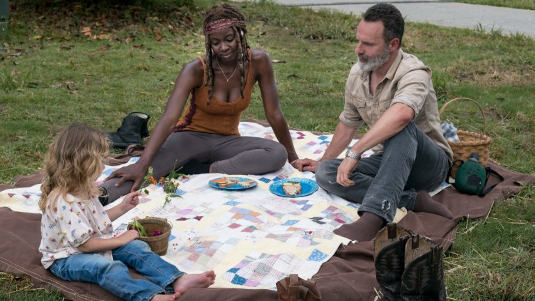 Andrew Lincoln as Rick Grimes, Danai Gurira as Michonne, Chloe Garcia-Frizzi as Judith Grimes - The Walking Dead _ Season 9, Episode 3