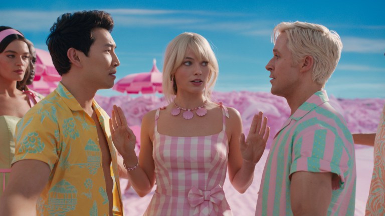 Margot Robbie, Ryan Gosling and Simu Liu in Barbie