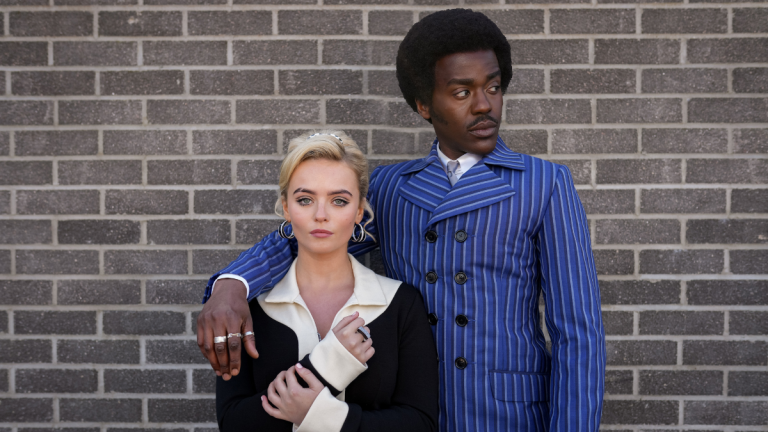 Ncuti Gatwa and Mollie Gibson dressed in swinging 60s clothes as The Doctor and Ruby Sunday