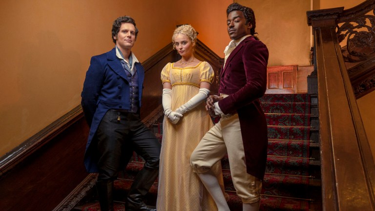 Jonathan Groff, Millie Gibson and Ncuti Gatwa in Regency costume in Doctor Who series 14