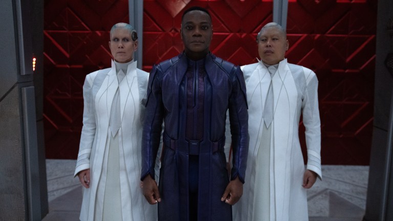 (L-R): Miriam Shor as Recorder Vim, Chukwudi Iwuji as The High Evolutionary, and Nico Santos as Recorder Theel in Marvel Studios' Guardians of the Galaxy Vol. 3.