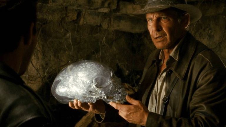 Harrison Ford holding the Crystal Skull in Indiana Jones 4