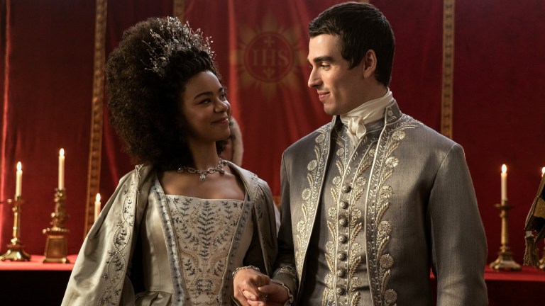 Queen Charlotte: A Bridgerton Story. (L to R) India Amarteifio as Young Queen Charlotte, Corey Mylchreest as Young King George in episode 101 of Queen Charlotte: A Bridgerton Story.