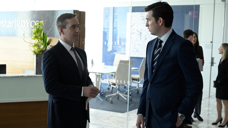 Tom (Matthew Macfadyen) and Greg (Nicholas Braun) on the Succession finale.