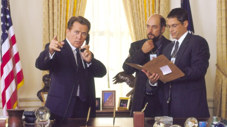 President Jed Bartlett (Martin Sheen), Toby Ziegler (Richard Schiff), and Sam Seaborn (Rob Lowe) on The West Wing