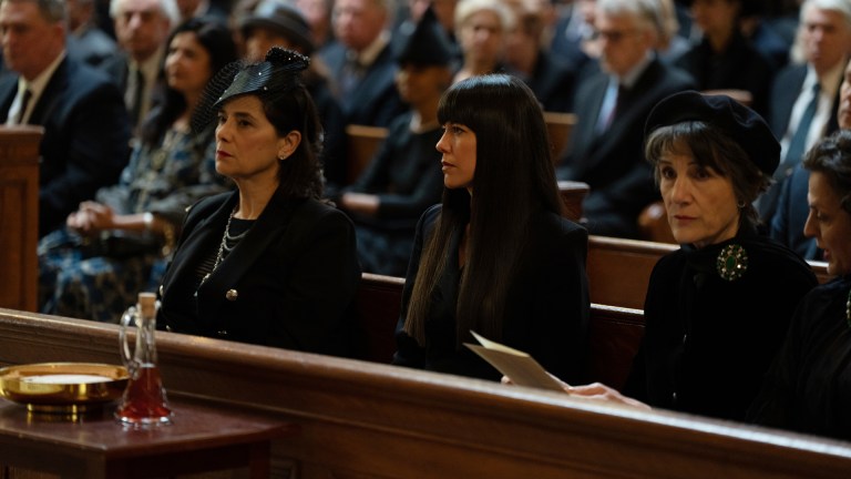 Marcia (Hiam Abbas), Kerry (Zoe Winters), and Caroline (Harriet Walter) sit together at Logan's funeral
