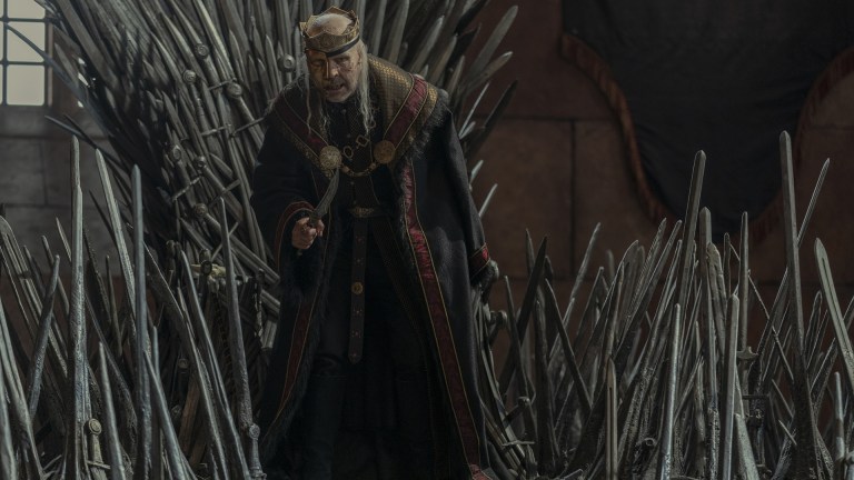 An ailing King Viserys (Paddy Considine) sits upon the Iron Throne in House of the Dragon episode 8