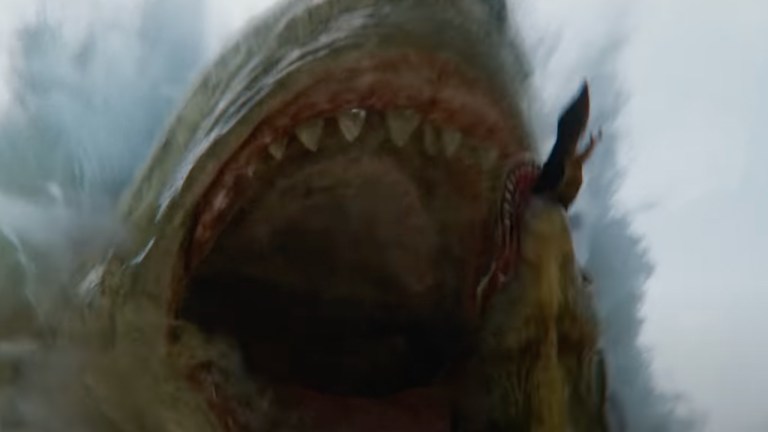 Giant shark eats T-rex in The Meg 2