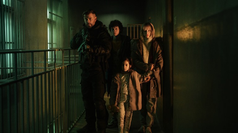 Extraction 2. (L to R) Chris Hemsworth as Tyler Rake, Andro Jafaridze as Sandro, Miriam and Marta Kovziashvili as Nina and Tinatin Dalakishvili as Ketevan in Extraction 2. Cr. Jasin Boland/Netflix © 2023