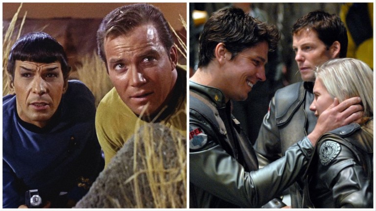 Spock (Leonard Nimoy) and Kirk (William Shatner) on Star Trek - Anders (Michael Trucco), Apollo (Jamie Bamber), and Starbuck (Katee Sackhoff) on Battlestar Galactica