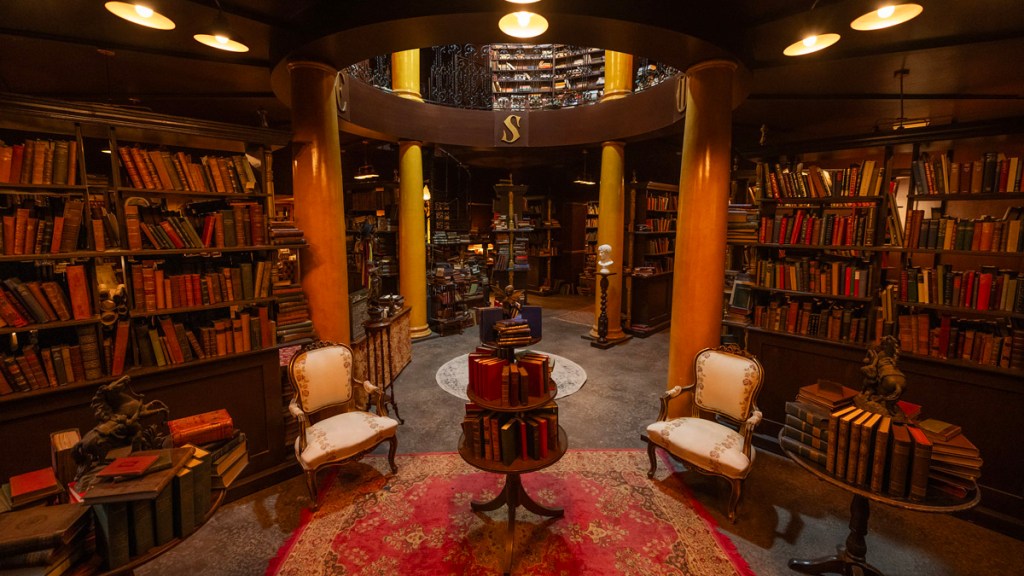 Good Omens 2 set photo. Bookshop Interior. Credit: Prime Video