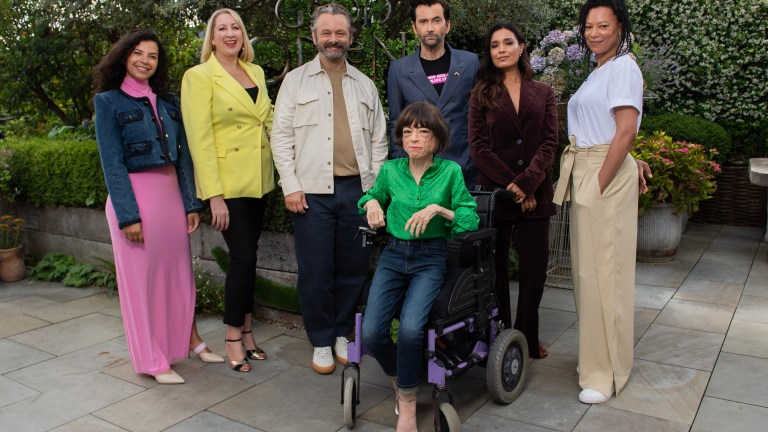 Good Omens season 2 cast group photo David Tennant, Michael Sheen, Maggie Service, Nina Sosanya, Liz Carr, Shelley Conn and Quelin Sepulveda