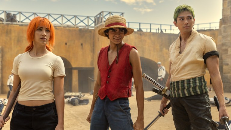 One Piece. (L to R) Emily Rudd as Nami, Iñaki Godoy as Monkey D. Luffy, Mackenyu Arata as Roronoa Zoro in season 1 of One Piece.