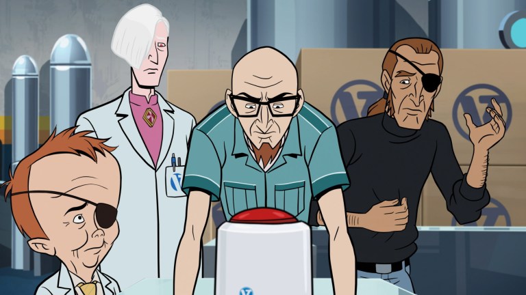 Dr Venture, Billy Quizboy, Pete White and Pirate Captain look over VenTek’s newest product, the Helper Pod.