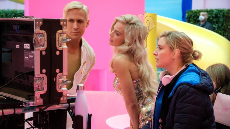 Greta Gerwig, Margot Robbie and Ryan Gosling on Barbie Set