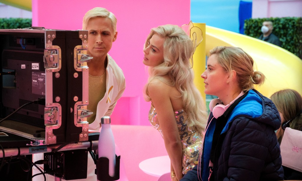 Greta Gerwig, Margot Robbie and Ryan Gosling on Barbie Set