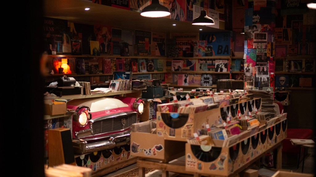 Good Omens set tour record shop interior (Prime Video)