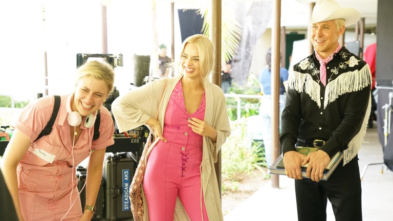 Margot Robbie and Greta Gerwig on Barbie Set