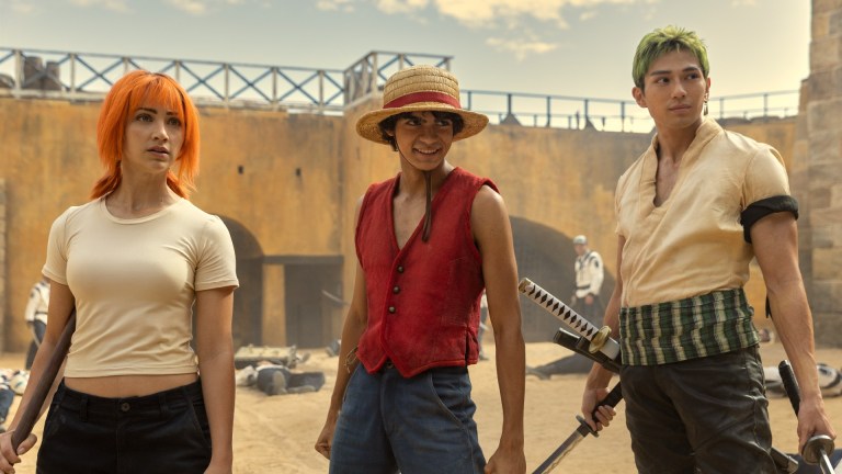 One Piece. (L to R) Emily Rudd as Nami, Iñaki Godoy as Monkey D. Luffy, Mackenyu Arata as Roronoa Zoro in season 1 of One Piece.