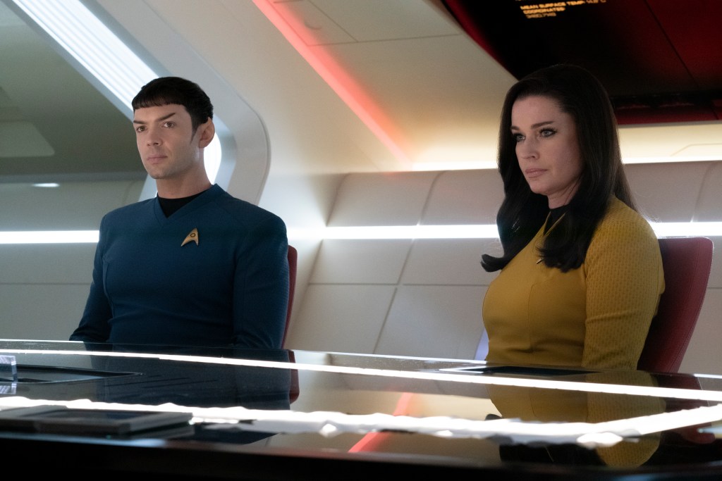 L-R Ethan Peck as Spock and Rebecca Romijn as Una in Star Trek: Strange New Worlds streaming on Paramount+, 2023. Photo Credit: Michael Gibson/Paramount+