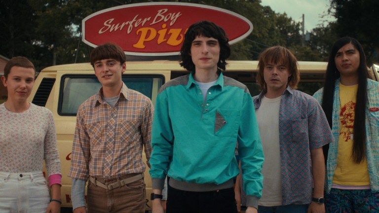 STRANGER THINGS. (L to R) Millie Bobby Brown as Eleven, Noah Schnapp as Will Byers, Finn Wolfhard as Mike Wheeler, Charlie Heaton as Jonathan Byers, and Eduardo Franco as Argyle in STRANGER THINGS.