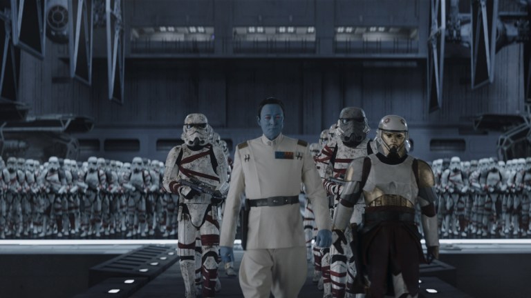 Grand Admiral Thrawn (Lars Mikkelsen) and Captain Enoch (Wes Chatham) with Night Troopers in Lucasfilm's STAR WARS: AHSOKA,