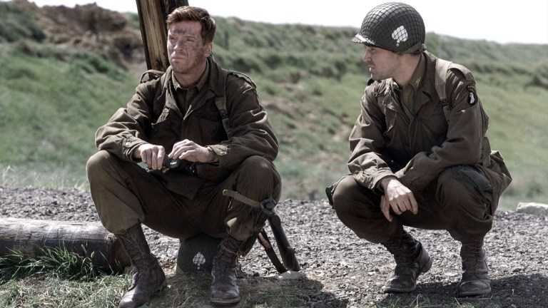 Actors Damian Lewis (as Richard Winters) and Ron Livingston (as Nixon) act in a scene from HBO''s war mini-series "Band Of Brothers."
