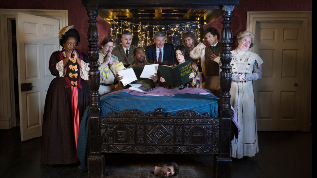 Ghosts series 5 poster Kitty (LOLLY ADEFOPE), Pat (JIM HOWICK), The Captain (BEN WILLBOND), Mike (KIELL SMITH-BYNOE), Julian (SIMON FARNABY), Alison (CHARLOTTE RITCHIE), Robin (LARRY RICKARD), Thomas Thorne (MAT BAYNTON), Lady Button (MARTHA HOWE-DOUGLAS)