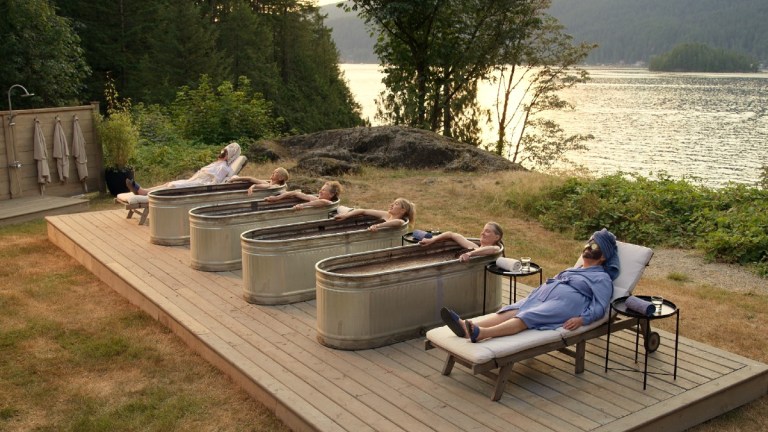 Virgin River. (L to R) Christina Jastrzembska as Lydie, Teryl Rothery as Muriel St. Claire, Gwynyth Walsh as Jo Ellen, Sarah Dugdale as Lizzie, Annette O’Toole as Hope, Nicola Cavendish as Connie in episode 504 of Virgin River.