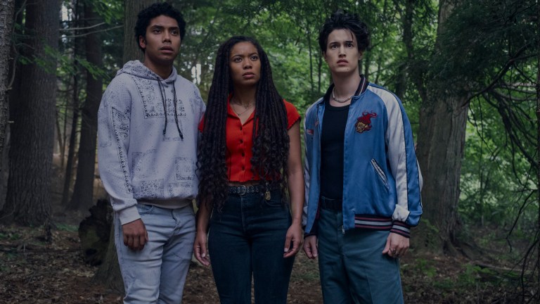 Chance Perdomo (Andre Anderson), Jaz Sinclair (Marie Moreau), and Derek Luh (Jordan Li) stand in a forest in Prime Video's Gen V