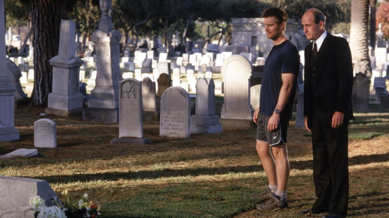 Actors Peter Krause (L) and Richard Jenkins (R) are shown in a scene from the HBO series "Six Feet Under". The series, about a family who owns a funeral home received 23 Emmy nominations, including for best dramatic series, by the Academy of Television Arts and Sciences July 18, 2002 in Los Angeles, California.