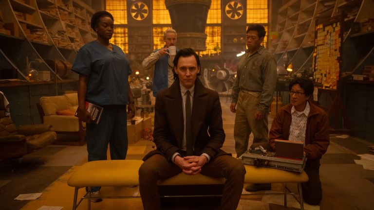 Wunmi Mosaku as Hunter B-15, Owen Wilson as Mobius, Tom Hiddleston as Loki, Eugene Cordero as Casey, and Ke Huy Quan as O.B. in Loki Season 2