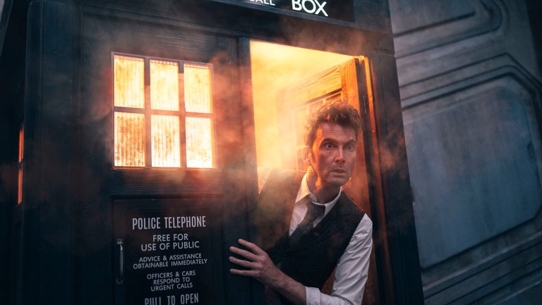 David Tennant peeking out of TARDIS