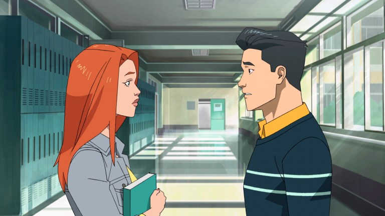 Eve Wilkins (Gillian Jacobs) and Mark Grayson (Steven Yeun) stand in the hallway of Reginald VelJohnson High School in Prime Video's Invincible
