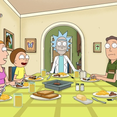 The Smith-Sanchez family eating breakfast at the table in Rick and Morty.