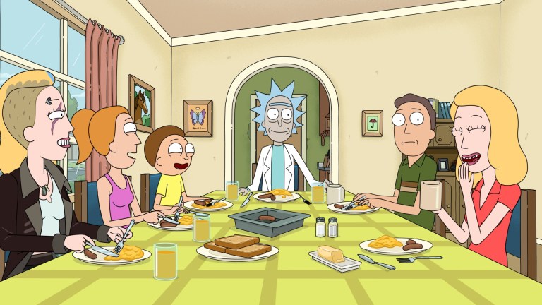 The Smith-Sanchez family eating breakfast at the table in Rick and Morty.