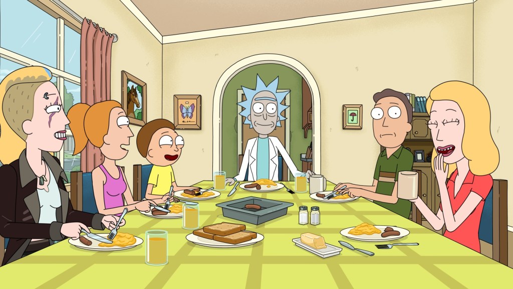 La familia Smith-Sanchez desayunando en la mesa en Rick y Morty.