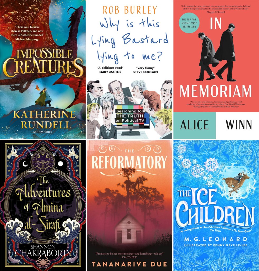 2023 Book Covers: Impossible Creatures, Why Is This Lying Bastard Lying to Me?, In Memoriam, The Adventures of Amina Al-Sirafi, The Reformatory, The Ice Children