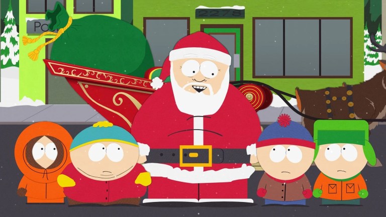 Kenny, Cartman, Santa Claus, Stan, and Kyle in South Park Episode 2310 “Christmas Snow."