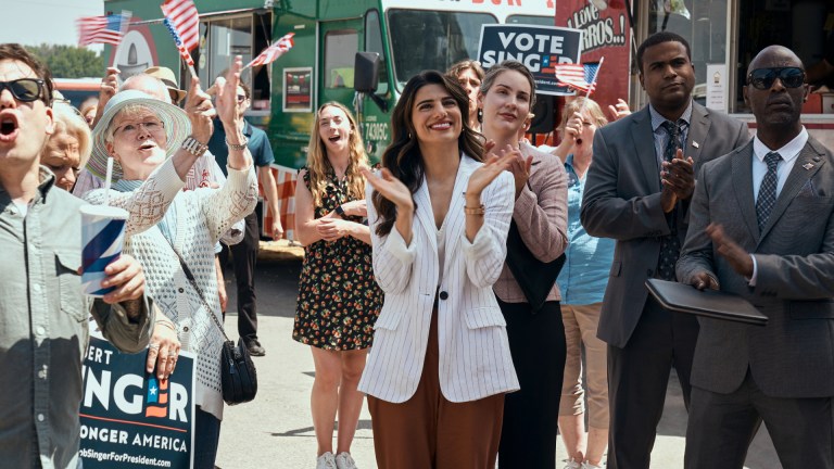 Victoria Neuman (Claudia Doumit) attends the rally of presidential hopeful Robert Singer in The Boys season 3