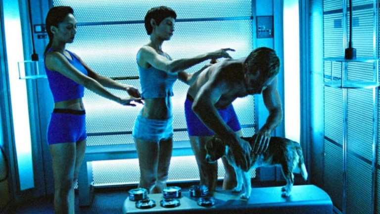 Hoshi, T'Pol, Archer, and Porthos go through the Decon chamber.