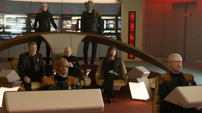 LeVar Burton as Geordi La Forge, Brent Spiner as Data, Gates McFadden as Dr. Beverly Crusher, Michael Dorn as Worf, Marina Sirtis as Deanna Troi, Jonathan Frakes as Will Riker and Patrick Stewart as Picard in "The Last Generation" Episode 310, Star Trek: Picard on Paramount+.
